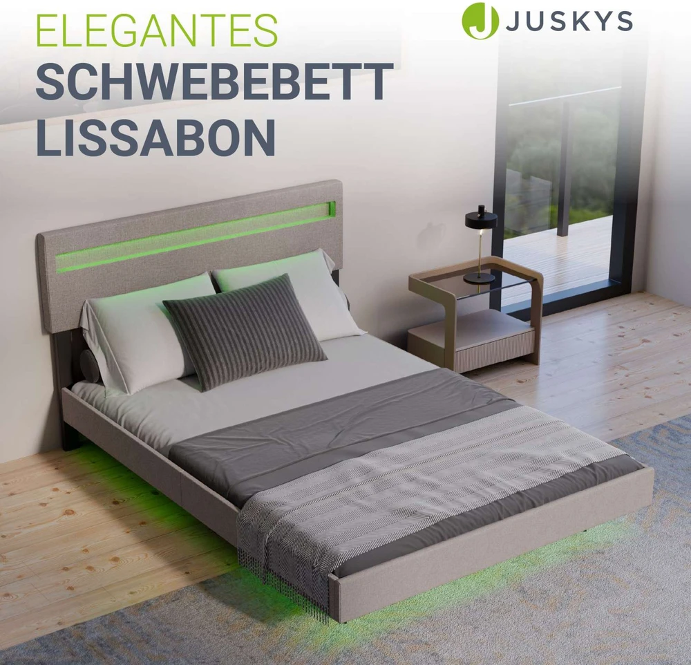 Juskys Plaukiojanti lova Lissabon 140x200 cm balta LED