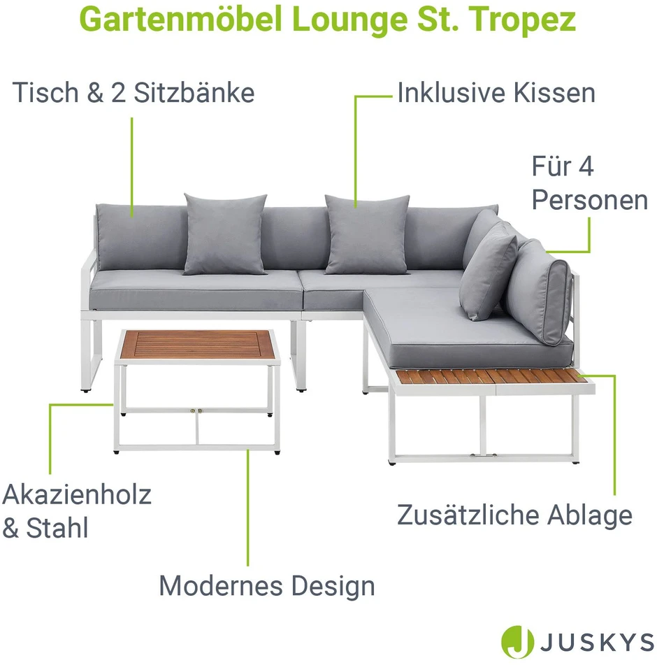 Lauko baldų komplektas Juskys Sodo poilsio komplektas St. Tropez baltas/šviesiai pilkas 4 asmenims