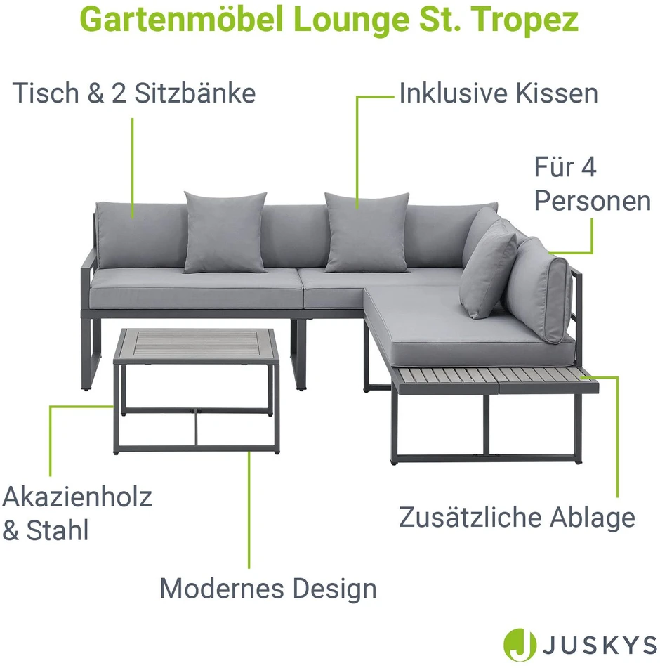 Lauko baldų komplektas Juskys Sodo poilsio komplektas St. Tropez 4 vietų tamsiai pilka/šviesiai pilka