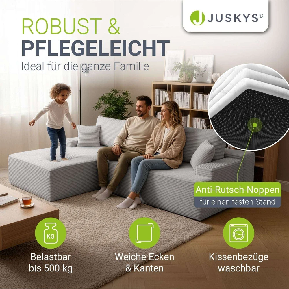 Juskys Kampinė sofa Coredo Cord 250x56x155 cm šviesiai pilka, pufas kairėje