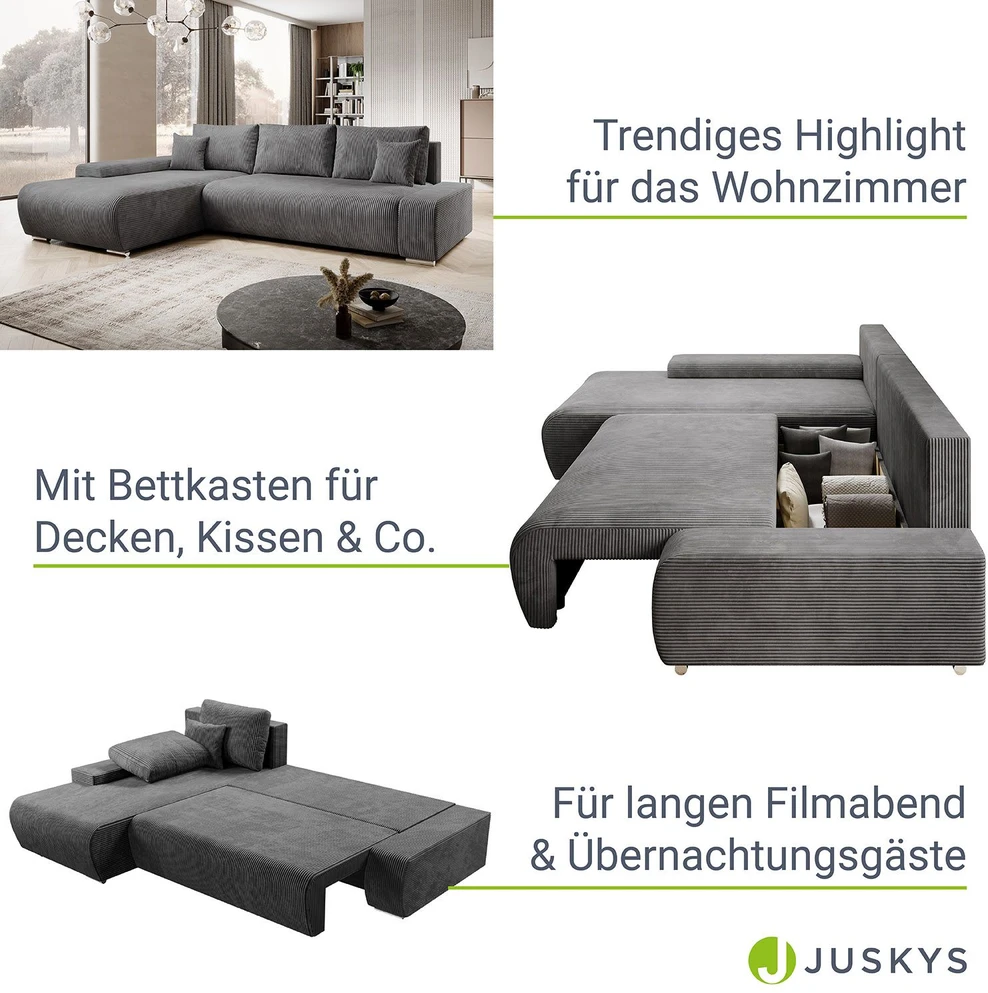 Juskys Sofa Iseo su kairiuoju otomanu 260x180x81 cm tamsiai pilka