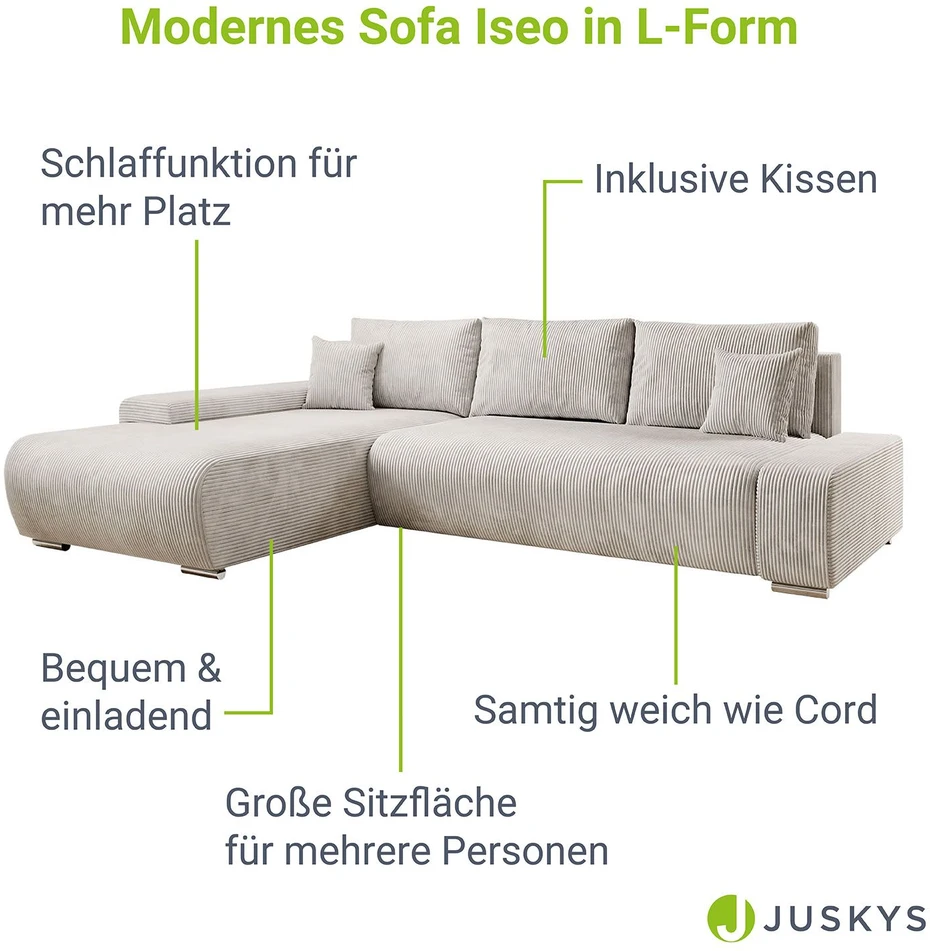 Juskys Sofa Iseo su kairiuoju otomanu 260x180x81 cm smėlio spalvos