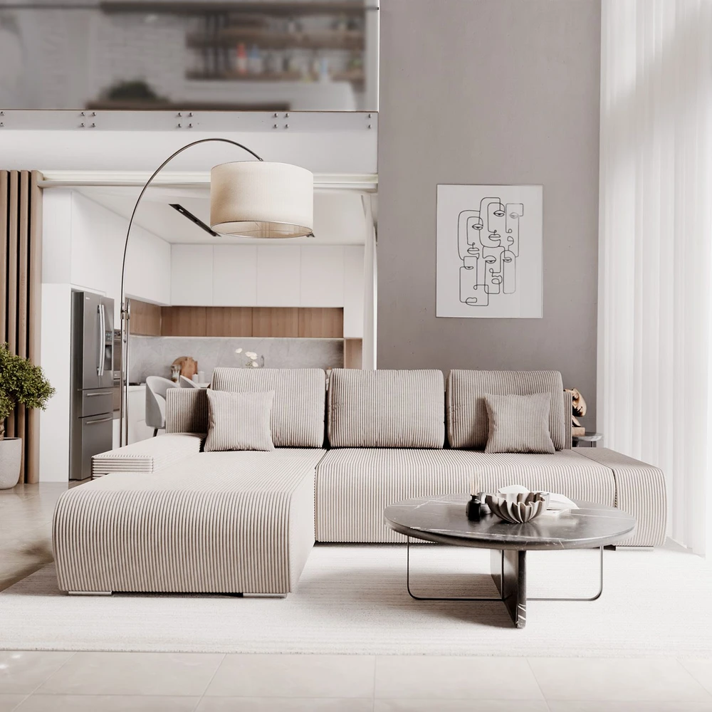Juskys Sofa Iseo su kairiuoju otomanu 260x180x81 cm smėlio spalvos