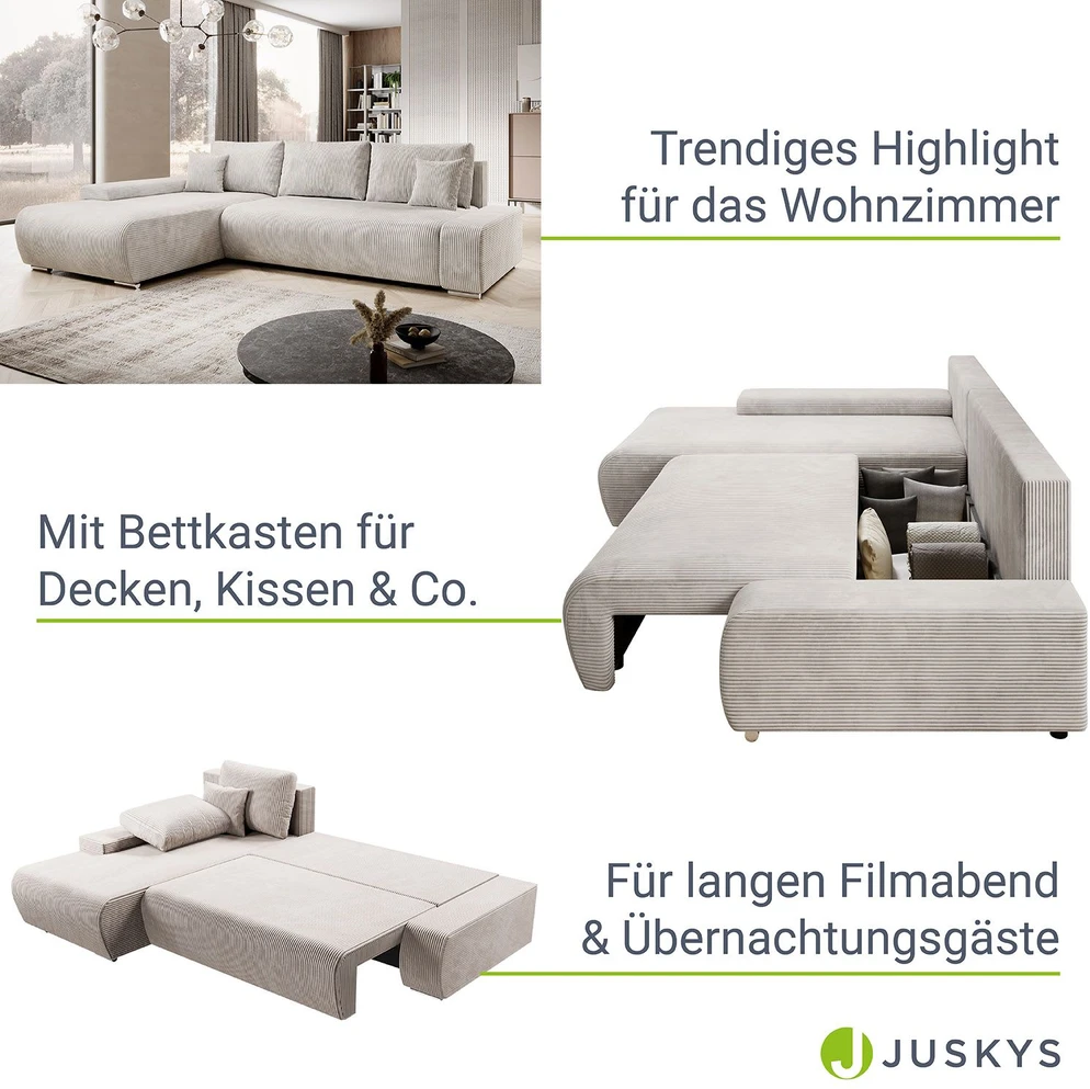 Juskys Sofa Iseo su kairiuoju otomanu 260x180x81 cm smėlio spalvos