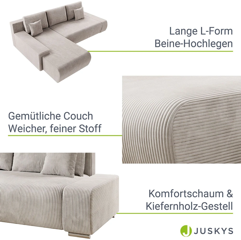 Juskys Sofa Iseo su kairiuoju otomanu 260x180x81 cm smėlio spalvos