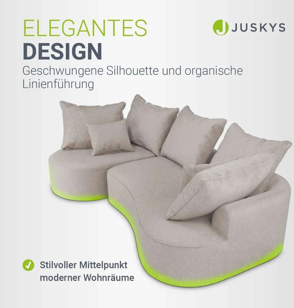 Juskys Sofa Tirano 300x83x155 cm smėlio spalvos veliūrinė su pufu kairėje