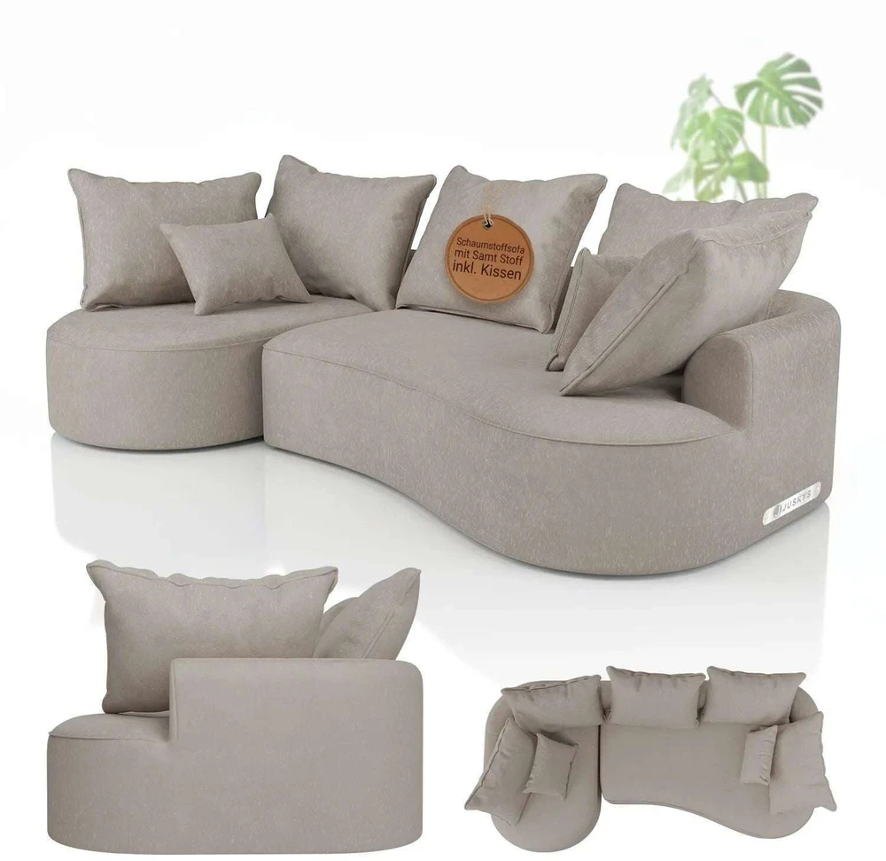 Juskys Sofa Tirano 300x83x155 cm smėlio spalvos veliūrinė su pufu kairėje