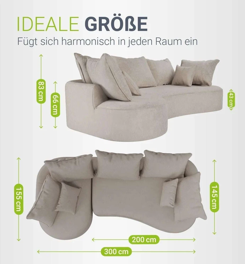 Juskys Sofa Tirano 300x83x155 cm smėlio spalvos veliūrinė su pufu kairėje