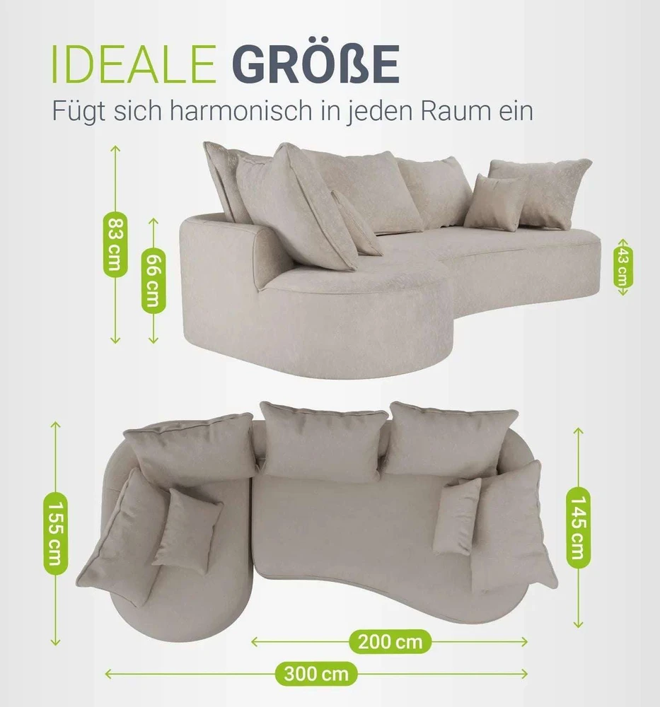 Juskys Sofa Tirano 300x83x155 cm smėlio spalvos veliūrinė su pufu kairėje