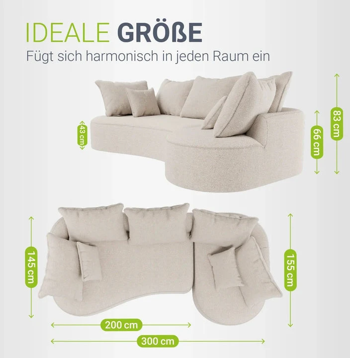 Juskys Sofa Tirano su dešine pufu 250x56x155 cm kreminė