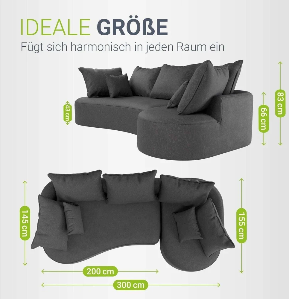 Juskys Sofa Tirano su dešine pufu 300x83x155 cm tamsiai pilkas veliūras