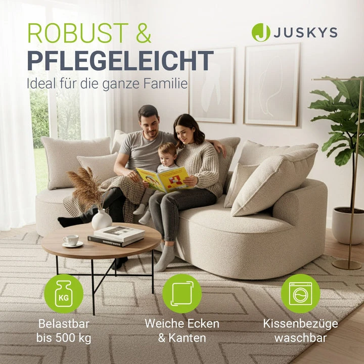 Juskys Sofa Tirano su kairiuoju pufiku, bouclé, kreminė