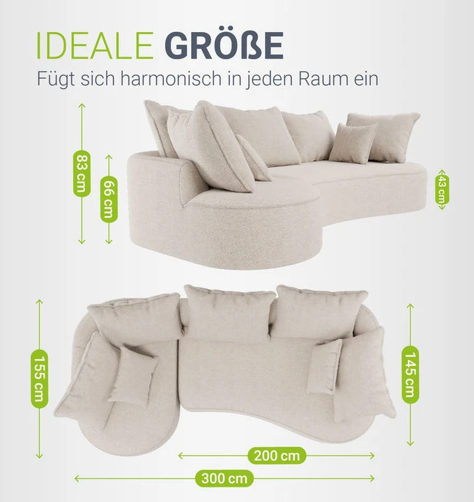 Juskys Sofa Tirano su kairiuoju pufiku, bouclé, kreminė
