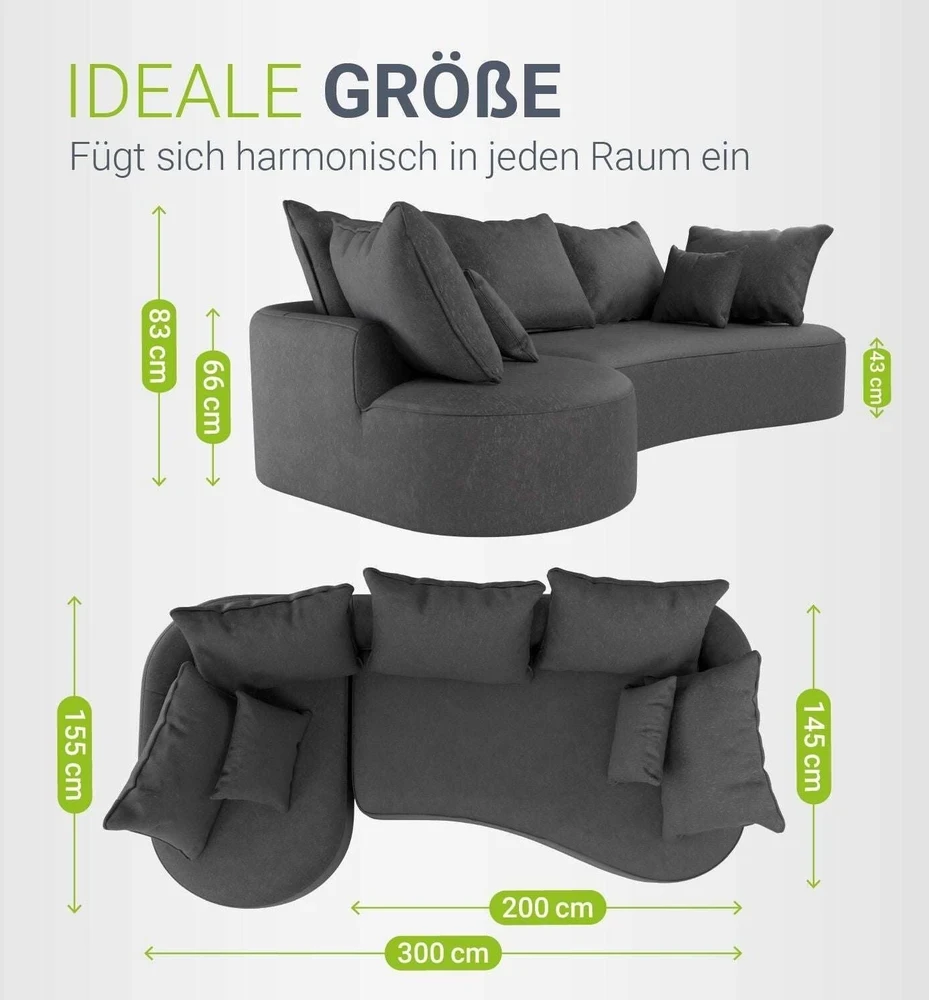 Juskys Sofa Tirano su kairiuoju pufu 300x83x155 cm tamsiai pilkas veliūras