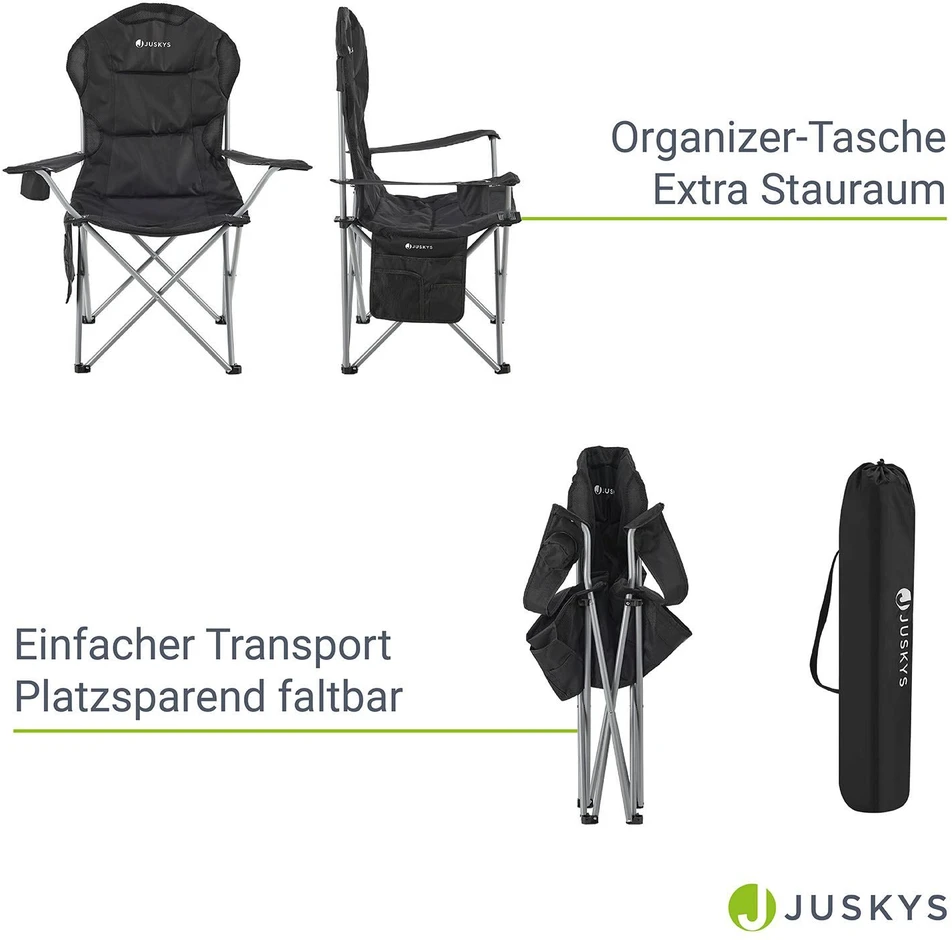 Juskys Stovyklavimo kėdė Lido su butelių laikikliu ir nešiojimo krepšiu 62x62x102 cm juoda