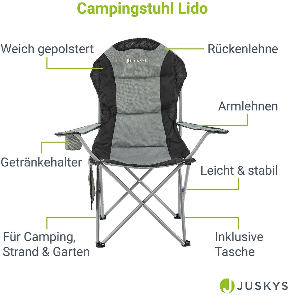 Juskys Stovyklavimo kėdė Lido su butelių laikikliu ir nešiojimo krepšiu 62x62x102 cm pilka