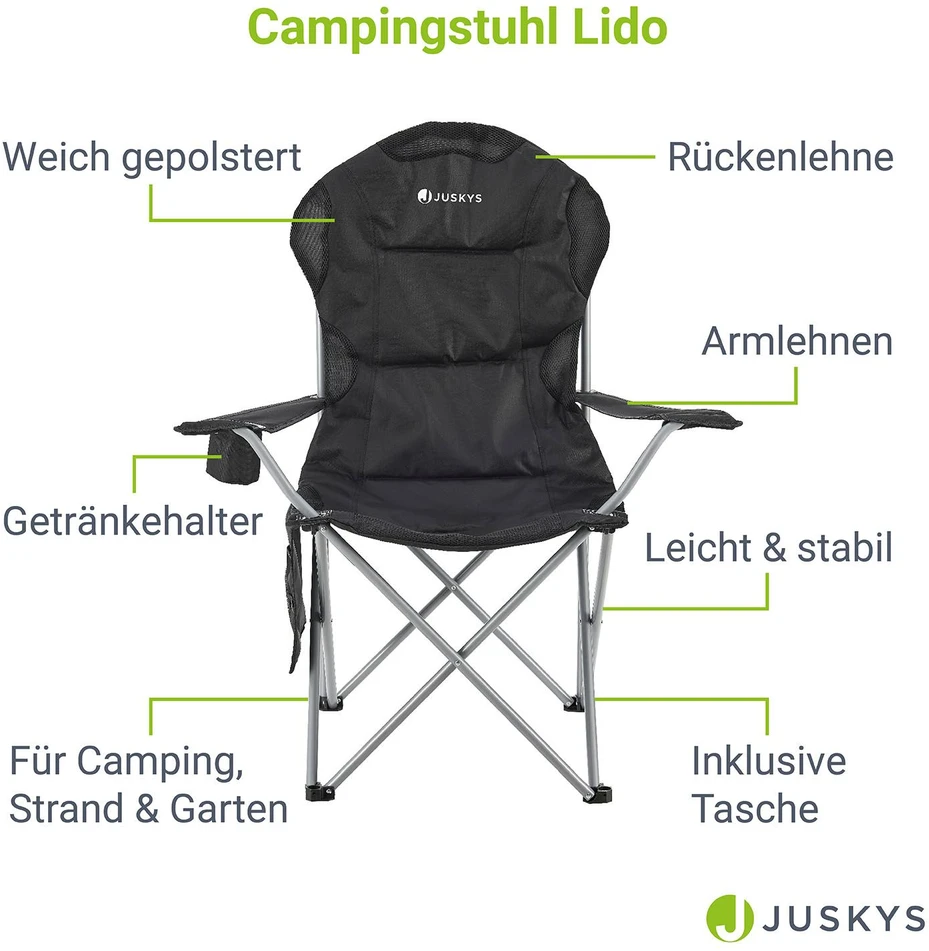 Juskys Stovyklavimo kėdė Lido su butelių laikikliu ir nešiojimo krepšiu 62x62x102 cm juoda