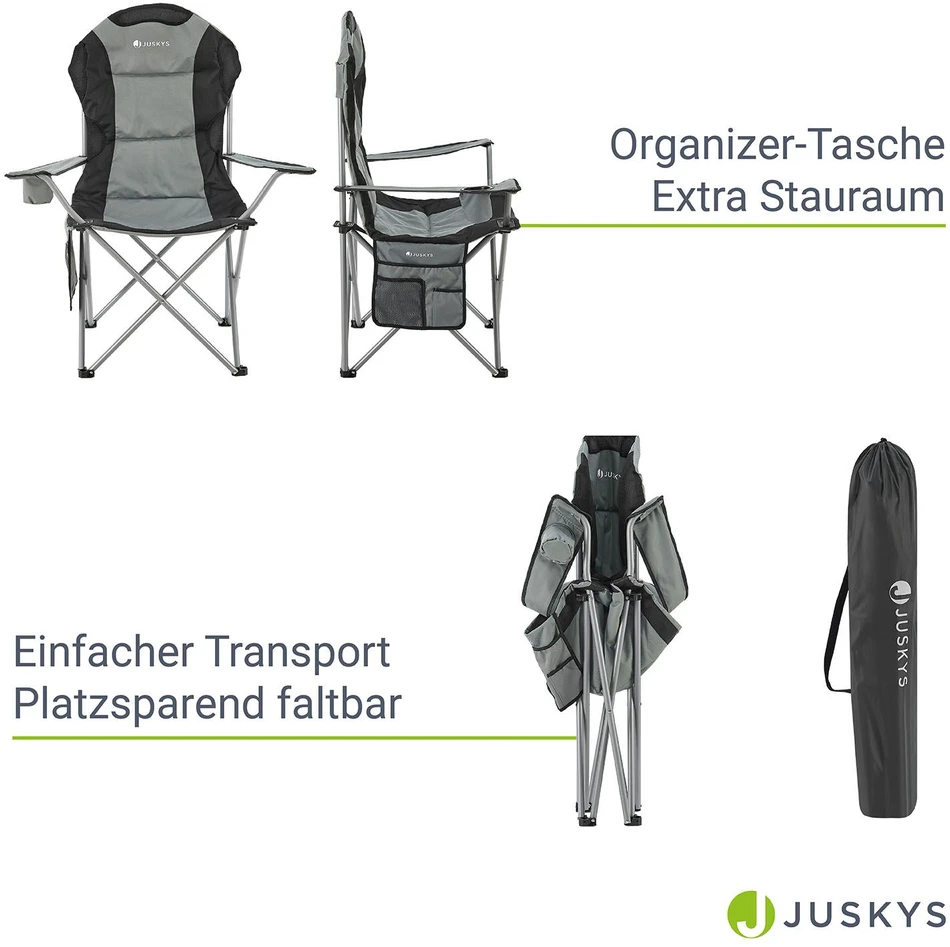Juskys Stovyklavimo kėdė Lido su butelių laikikliu ir nešiojimo krepšiu 62x62x102 cm pilka
