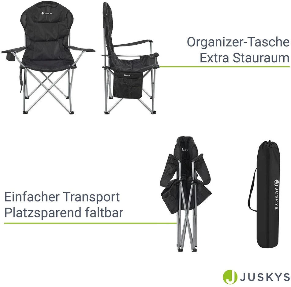 Juskys Stovyklavimo kėdė Lido su butelių laikikliu ir nešiojimo krepšiu 62x62x102 cm juoda
