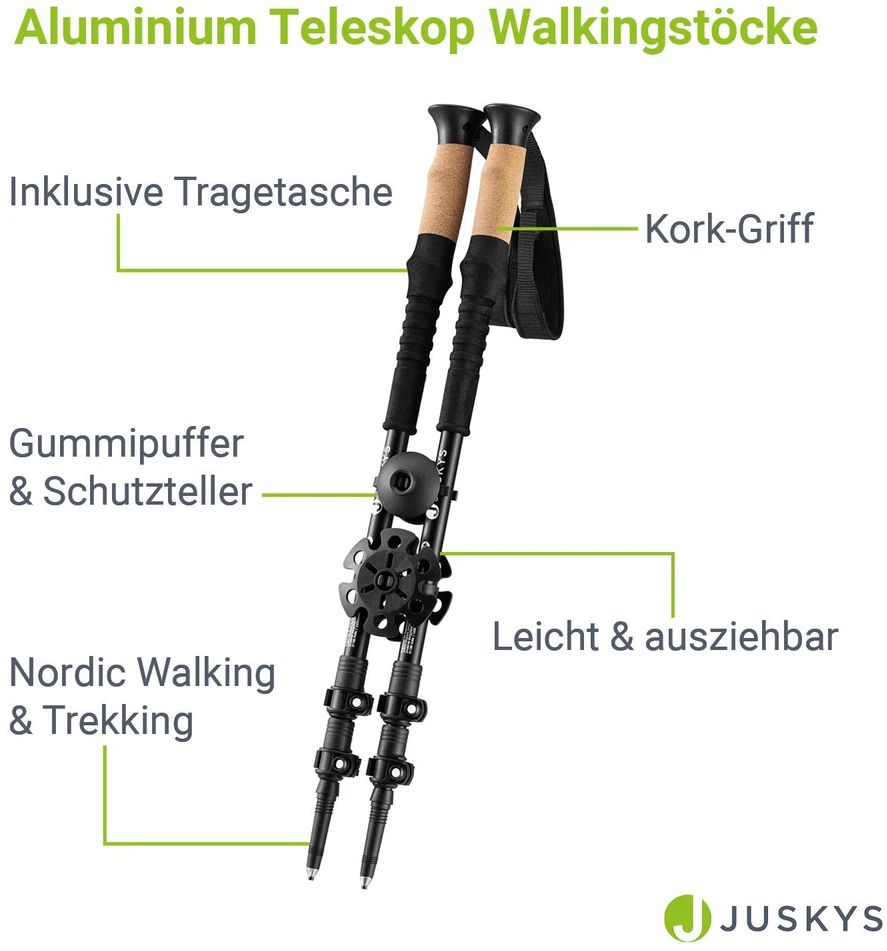 Juskys Trekking lazdų rinkinys, 2 vnt., reguliuojamas 65-135 cm, juodos spalvos