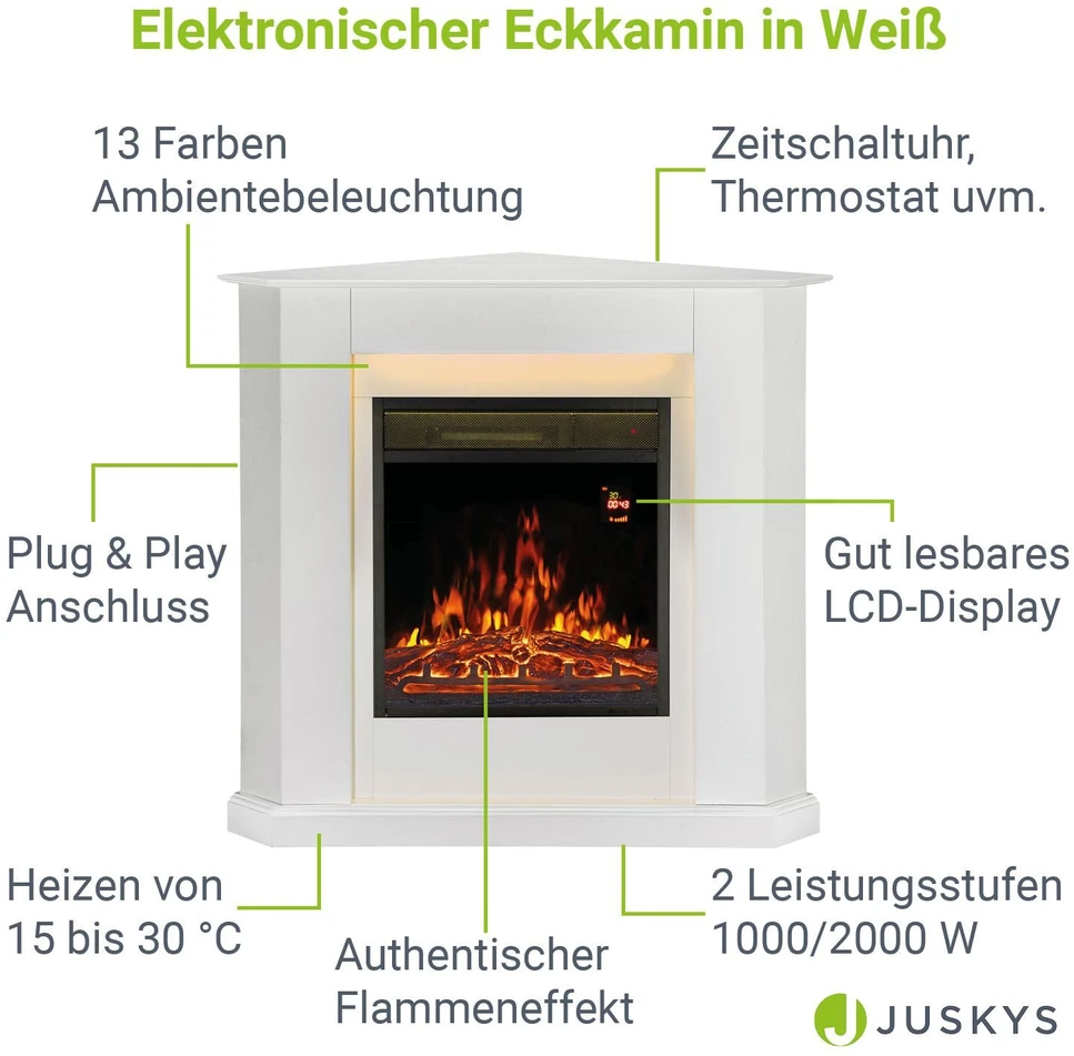 Juskys Trikampis elektrinis židinys 1000/2000 W, baltas