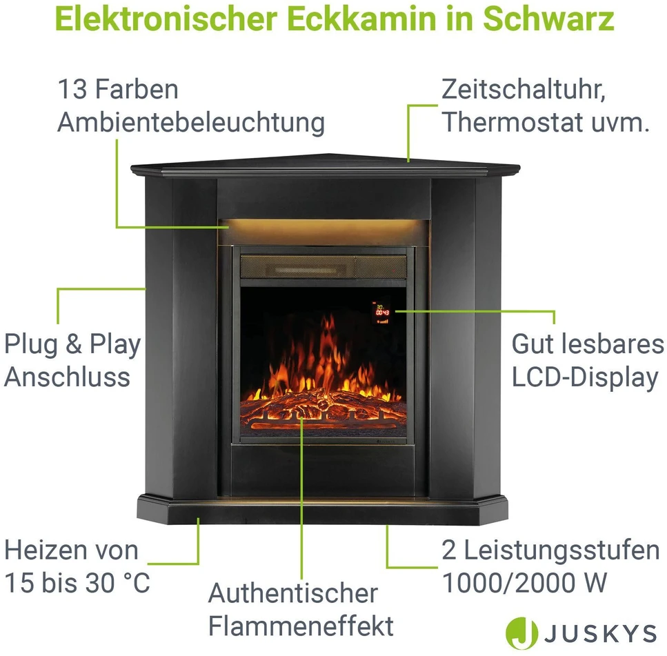 Juskys Trikampis elektrinis židinys 1000/2000 W, juodas