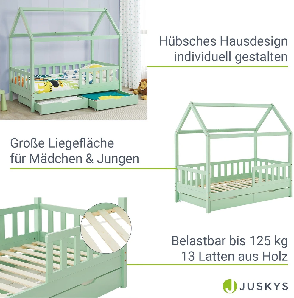 Juskys Vaikiška lova Marli su lovos stalčiumi 90x200 cm mėtų spalvos