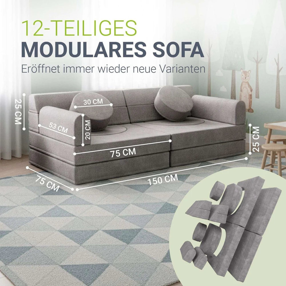 Juskys Vaikiškas žaidimų sofa Kayo 150x75x50 cm šviesiai pilkas kordas