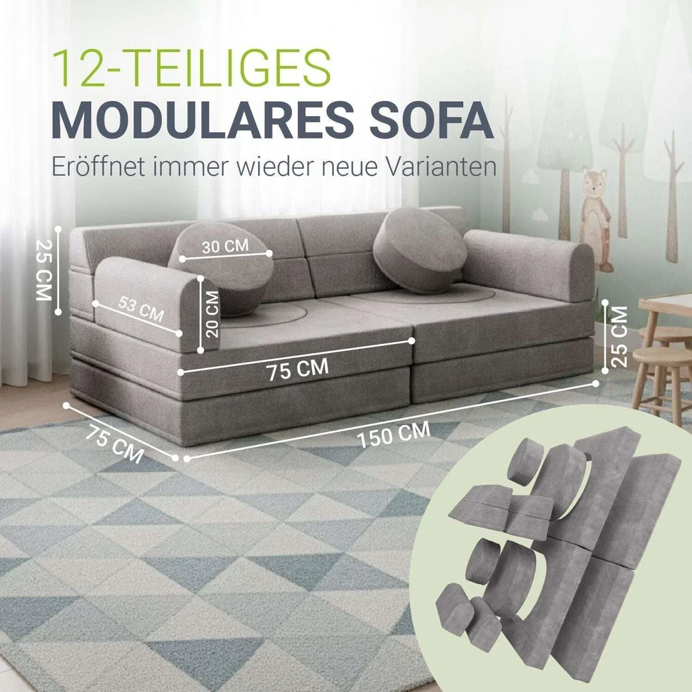 Juskys Vaikiškas žaidimų sofa Kayo 150x75x50 cm šviesiai pilkas kordas