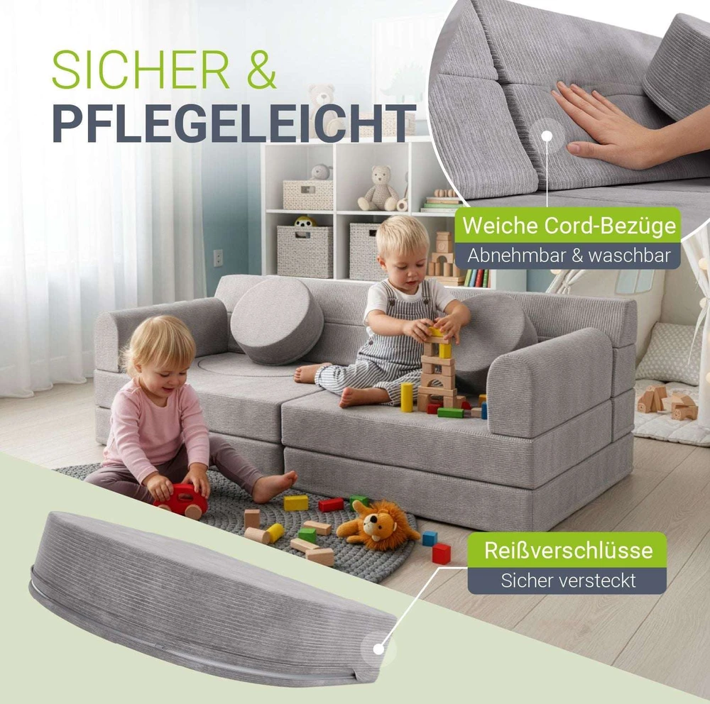 Juskys Vaikiškas žaidimų sofa Kayo 150x75x50 cm šviesiai pilkas kordas