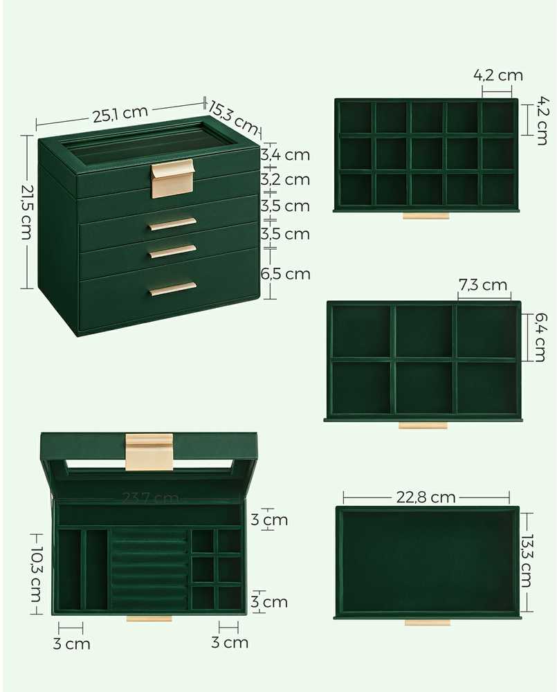 SONGMICS papuošalų dėžutė su stiklo dangčiu, 3 stalčiai, aksominis vidus, 15.3x25.1x21.5 cm