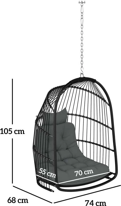 Outsunny kabančio krėslo pintas krepšys su pagalvėlėmis, poliratano sūpynės, lauko/vidaus sulankstomas kabančio krėslo fotelis, atlaikantis iki 150 kg, kabančios sūpynės, krepšio tipo kėdė svetainei, balkonui, terasai, tamsiai pilka