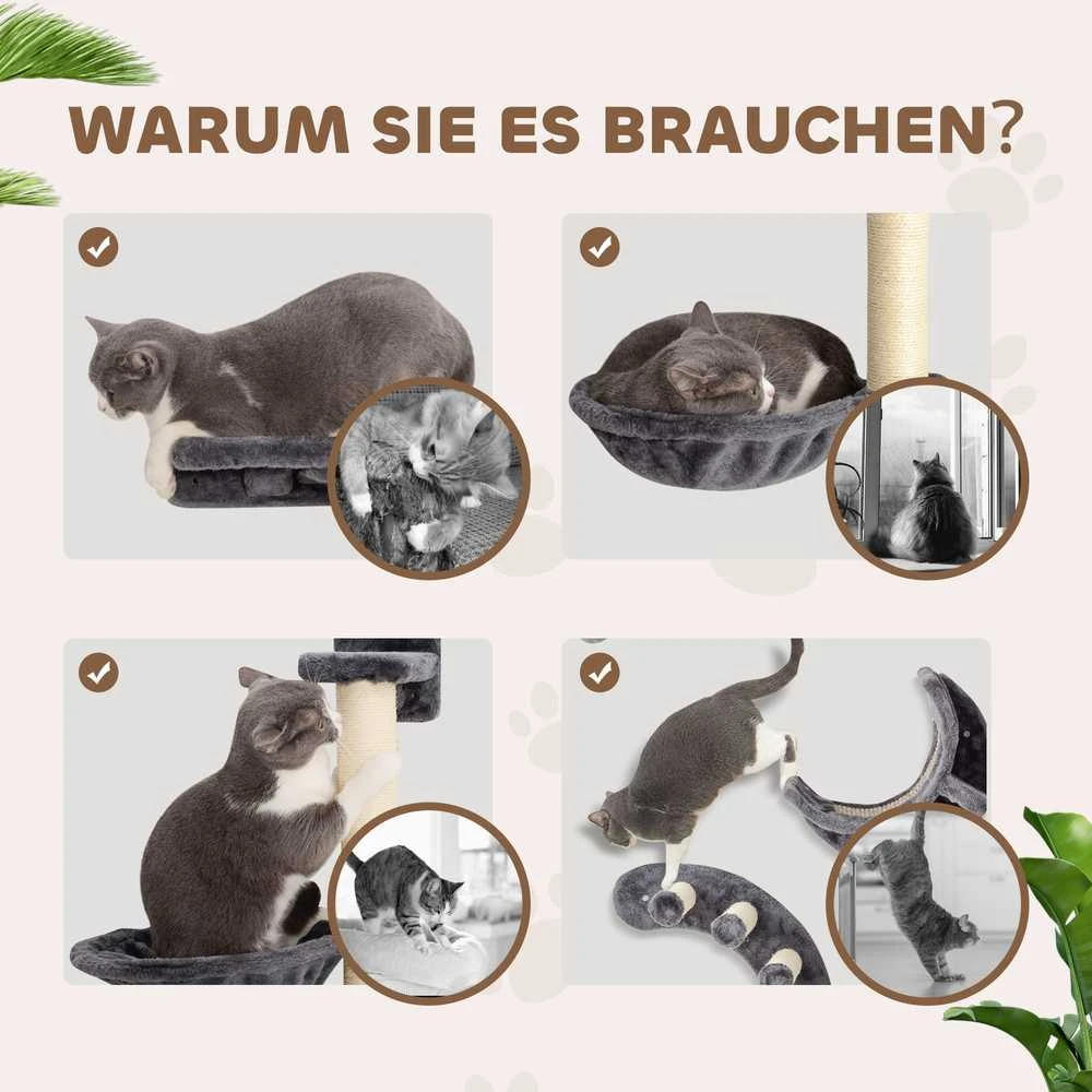 PawHut 4 dalių katėms skirta laipiojimo sienelė su hamaku, tilteliu, iki 5kg, tamsiai pilka
