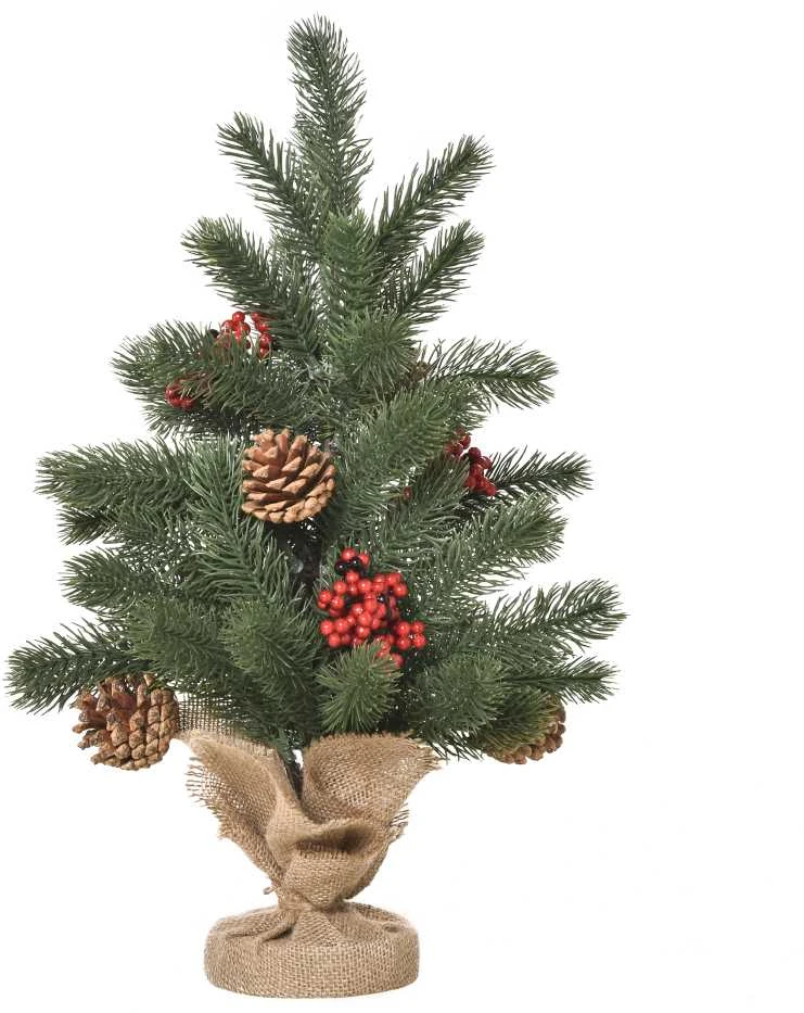 Dirbtinė Kalėdų eglutė HOMCOM, 50 cm, su 4 raudonomis uogomis ir 4 kankorėžiais, 55 šakelės, stabilus ir patvarus pagrindas, PE, cementas, džiutas, Ø28 x 50 cm