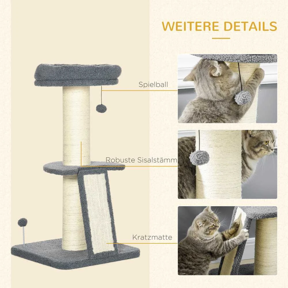 PawHut draskyklė 92 cm aukščio, laipynė su draskymo lenta ir žaidimų kamuoliuku, storas sizalio stulpas, avikailio imitacija, tamsiai pilka ir kreminė balta