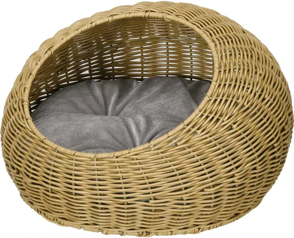 PawHut rotango krepšys namelis katėms su pagalvėle, skirtas katėms iki 4kg, augintinių guolis, namelis katėms, vidaus naudojimui, PE rotangas, Ø50 x 31 cm, šviesiai rudas