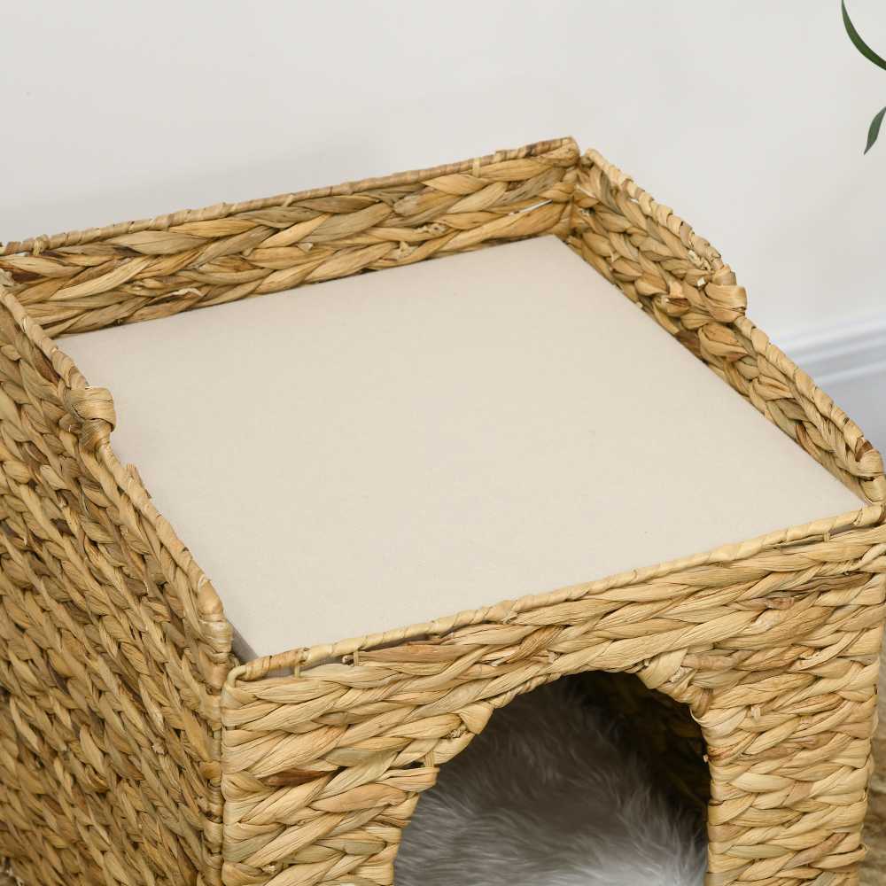 PawHut rotango katės namelis su 2 lygiais ir pagalvėmis, rudas, iki 5kg
