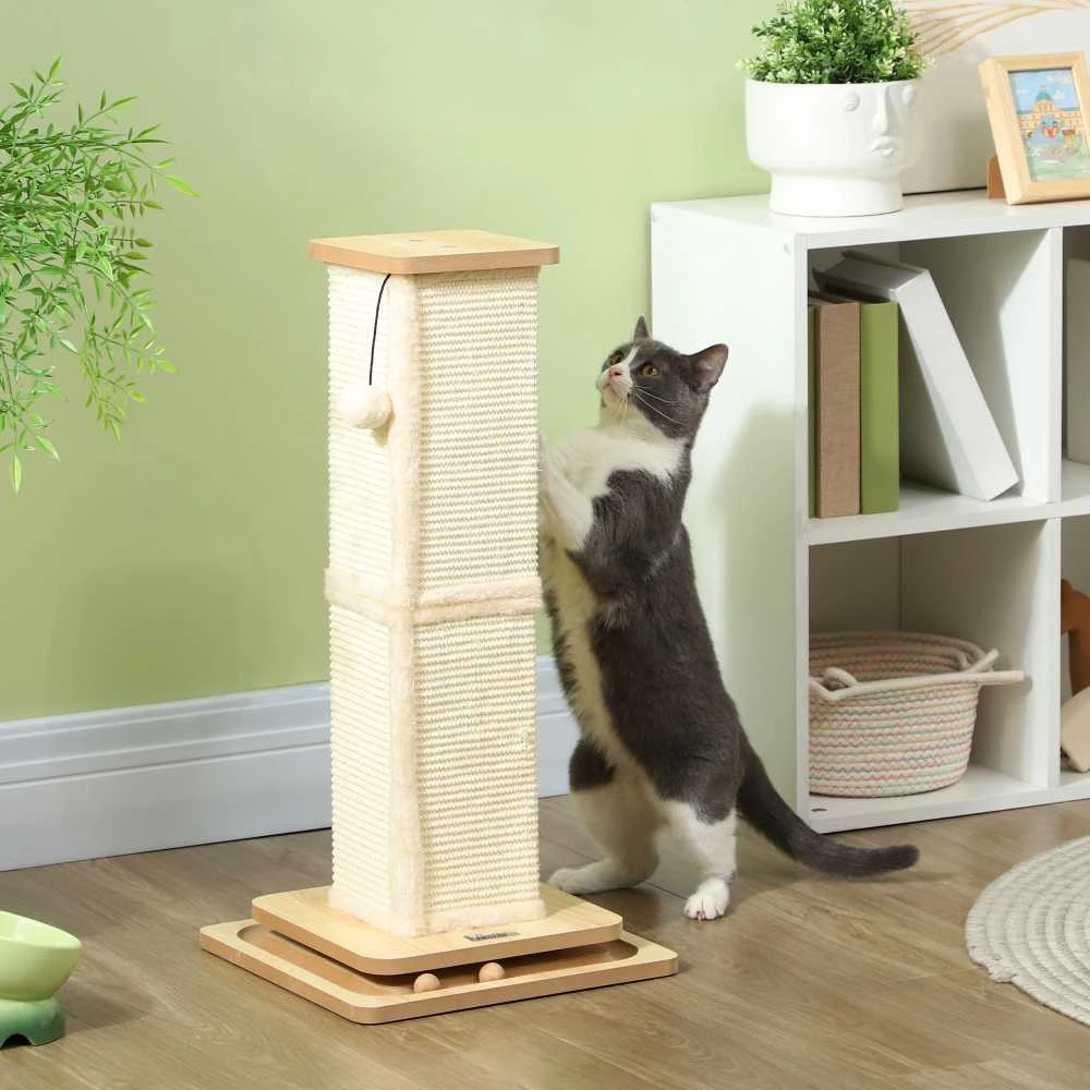 PawHut 3-in-1 draskyklė, 67 cm draskymo stulpas, sisalinis kačių draskytuvas su žaisliniu kamuoliuku, draskyklė katėms, kačių baldai, vidaus naudojimui, ąžuolo spalvos