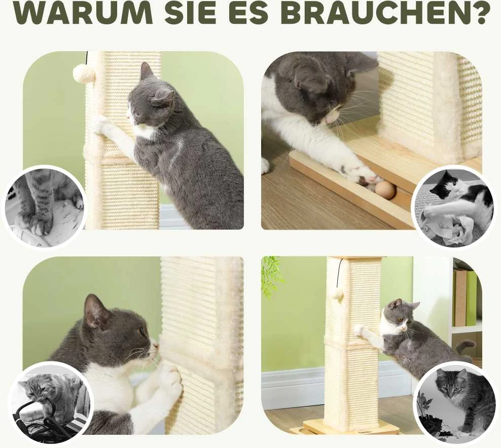 PawHut 3-in-1 draskyklė, 67 cm draskymo stulpas, sisalinis kačių draskytuvas su žaisliniu kamuoliuku, draskyklė katėms, kačių baldai, vidaus naudojimui, ąžuolo spalvos