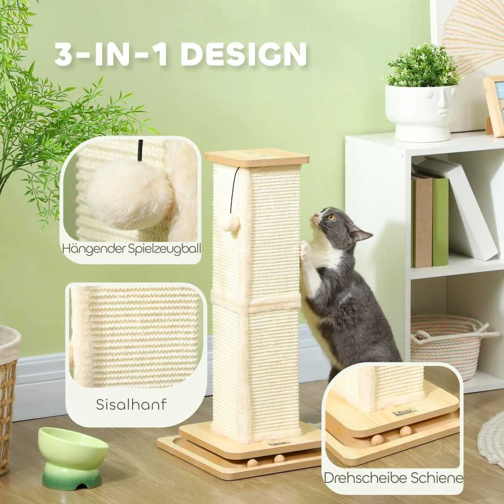 PawHut 3-in-1 draskyklė, 67 cm draskymo stulpas, sisalinis kačių draskytuvas su žaisliniu kamuoliuku, draskyklė katėms, kačių baldai, vidaus naudojimui, ąžuolo spalvos