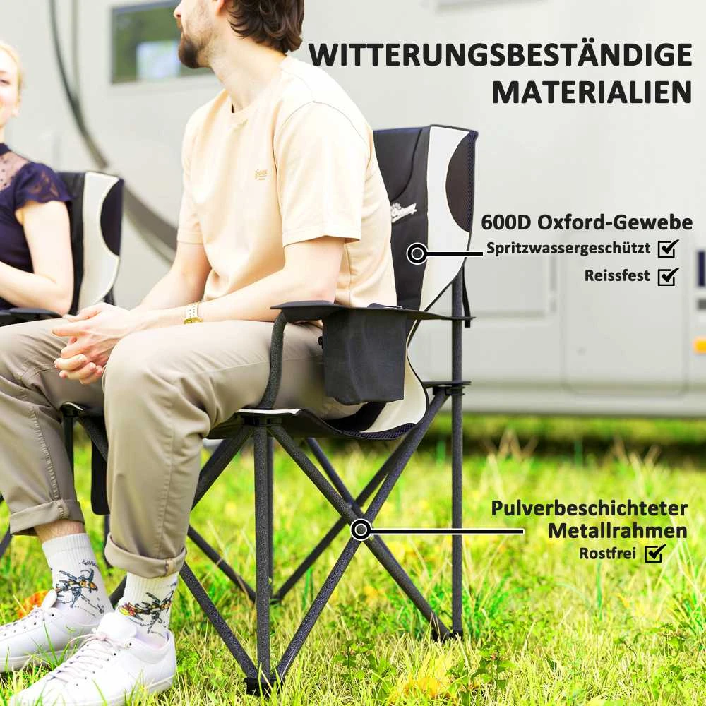 Outsunny 2 dalių sulankstomų kėdžių komplektas, kempingo kėdė su porankiais, puodelių laikikliu, galvos atrama, šaltkrepšiu, paminkštinta, atlaikanti iki 120 kg, žvejybos kėdė, sodo kėdė sodui ir kempingui