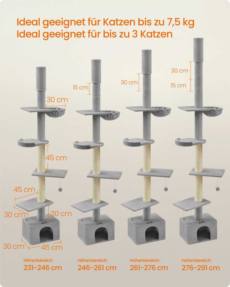 Songmics Feandrea Kačių medis lubų aukščio 231-291 cm reguliuojamo aukščio šviesiai pilkas
