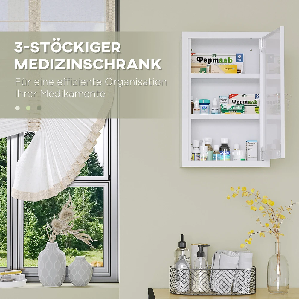 kleankin vaistinėlė, medicininė spintelė, rakinama vaistų spintelė su 3 lentynomis ir 2 raktais, plieninė, balta, 30 x 14 x 46 cm