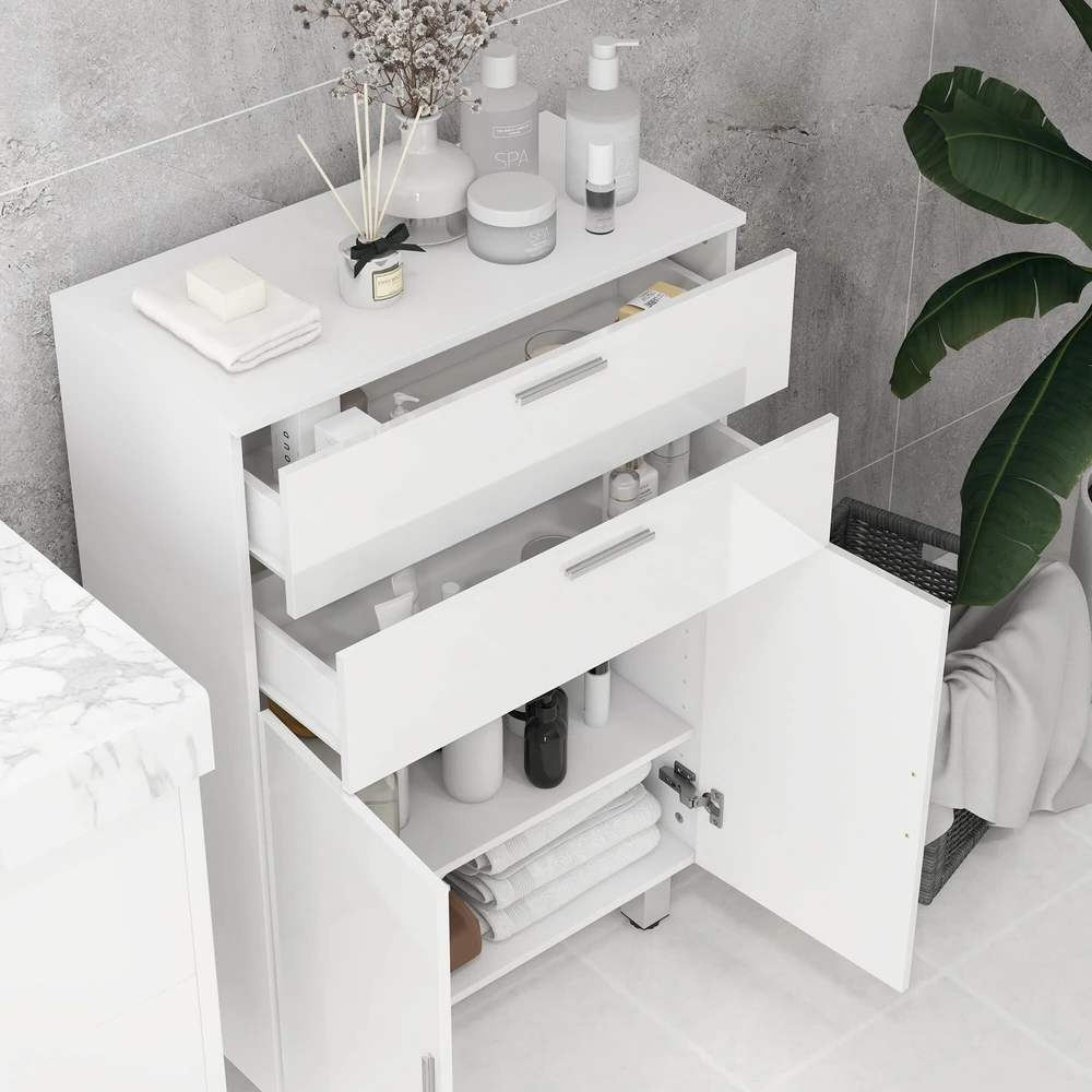kleankin Vonios spintelė, šoninė spintelė su 2 blizgiais baltos spalvos stalčiais, durelėmis, vonios spintelė su reguliuojama lentyna, laikymo spintelė svetainei, 60 x 30 x 93 cm
