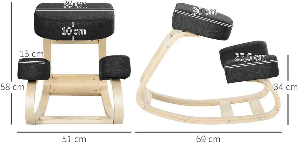 Vinsetto kėdė klūpėjimui, ergonomiška kėdė, minkšta kėdė sveikai sėdėjimo laikysenai, beržo mediena, keliamoji galia 120 kg, juoda