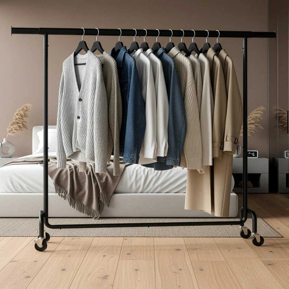 Songmics Drabužių lentyna ant ratukų 45 x (160-200) x 162,9 cm matinė juoda