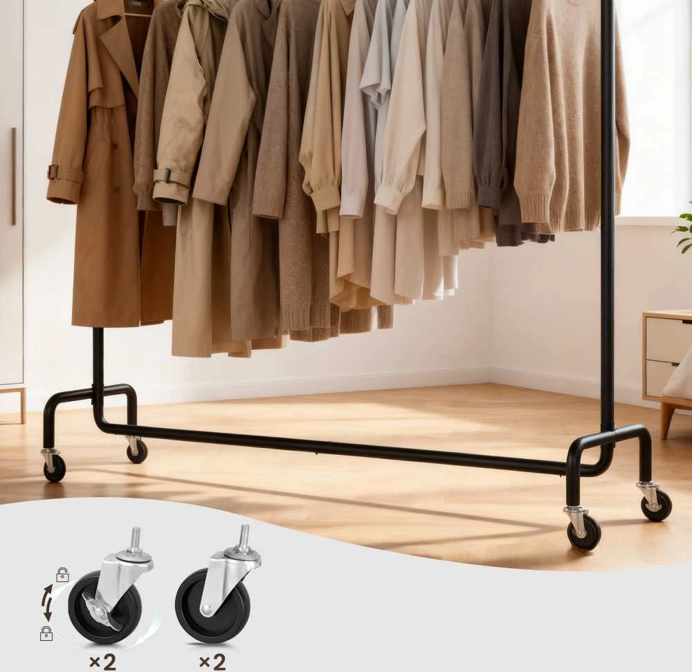 Songmics Drabužių lentyna ant ratukų 45 x (160-200) x 162,9 cm matinė juoda