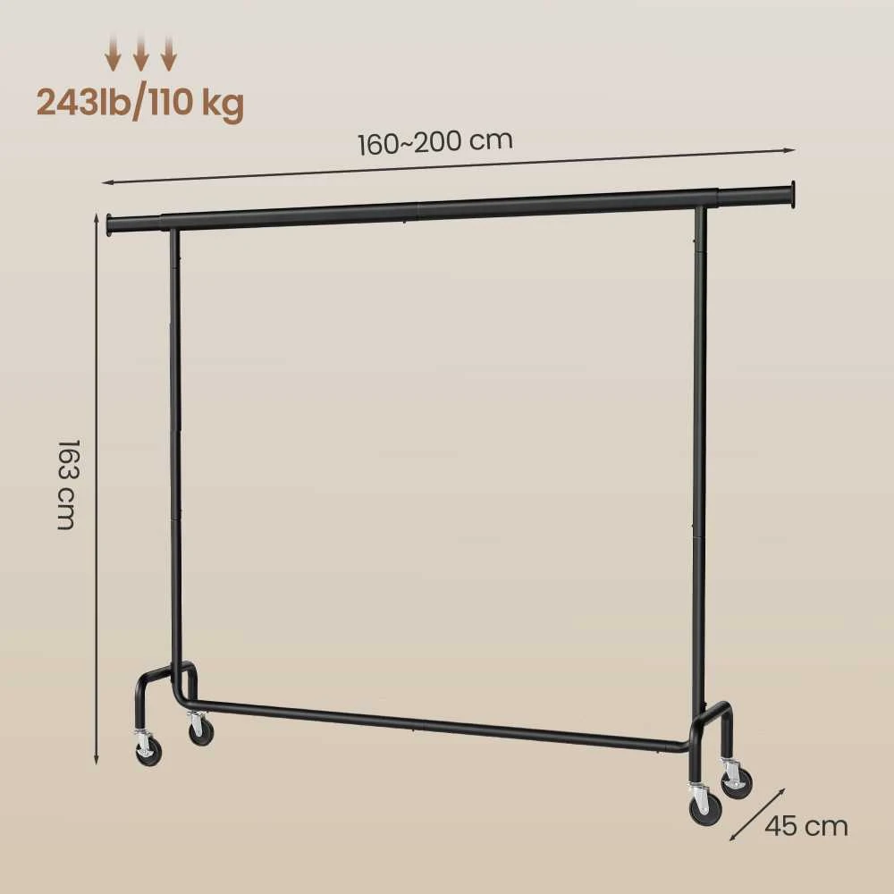 Songmics Drabužių lentyna ant ratukų 45 x (160-200) x 162,9 cm matinė juoda