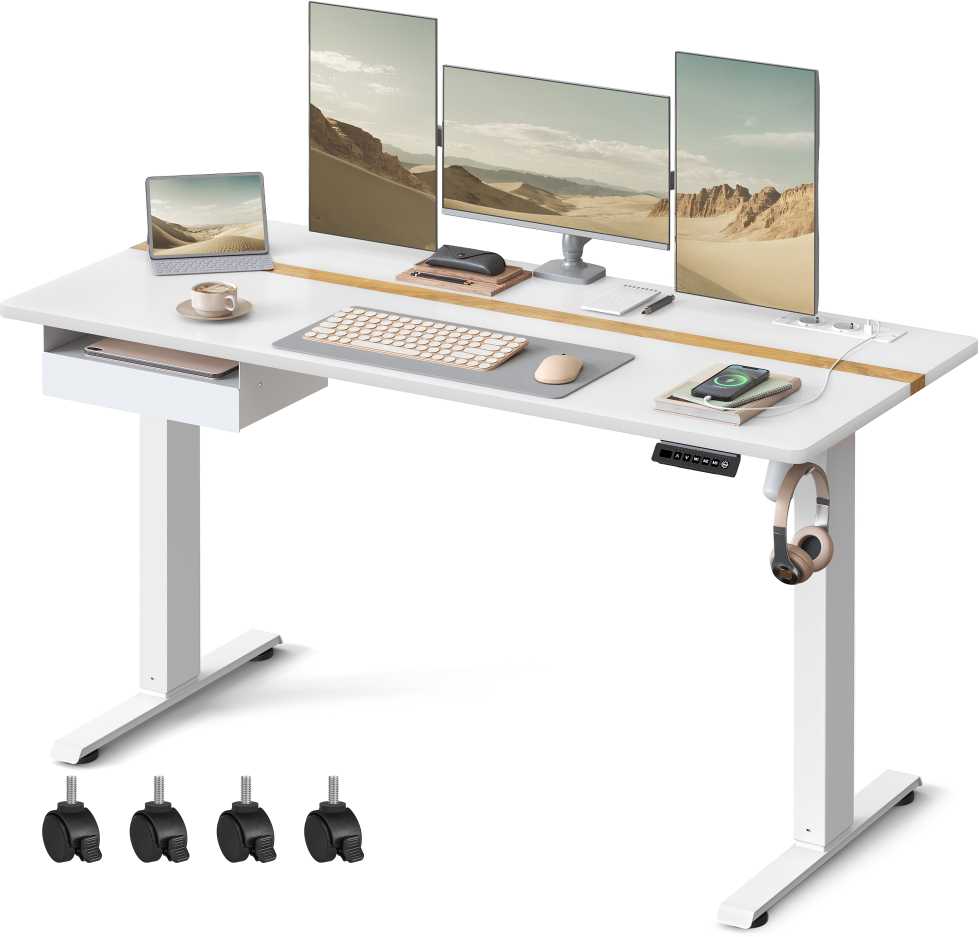 Songmics Vasagle Rašomasis stalas su kištukiniais lizdais ir stalčiumi 70 x 160 cm debesų balto auksinio ąžuolo spalvos