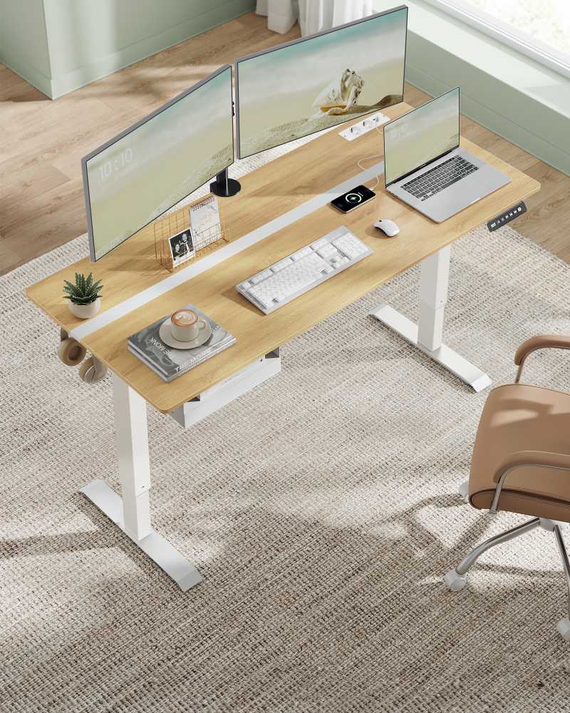 Vasagle Rašomasis stalas su lizdu ir stalčiumi 70 x 160 cm auksinio ąžuolo spalvos-debesų baltumo